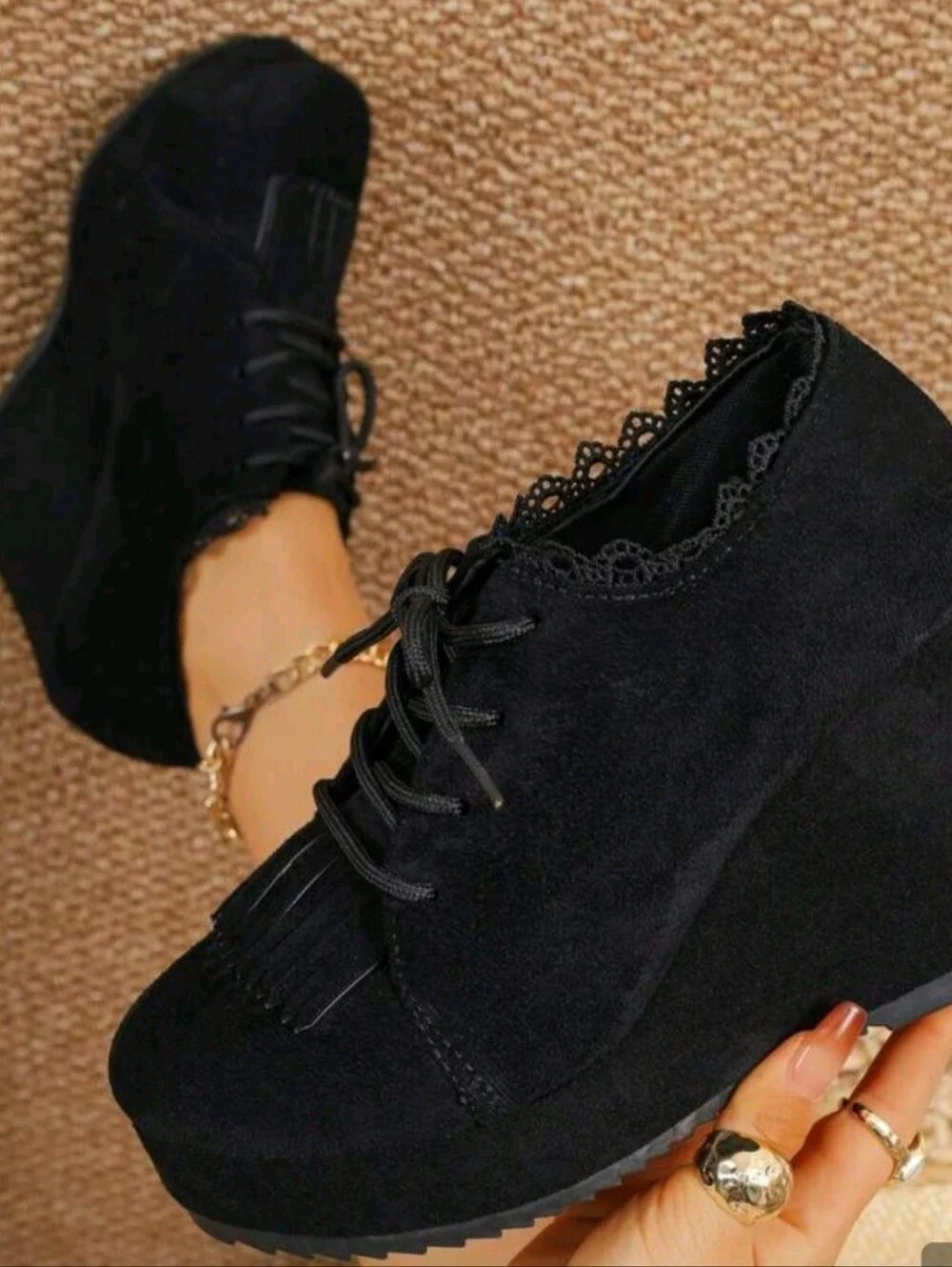 Black Lace-Trim Platform Wedge Oxford — Women's Casual Dress Shoe